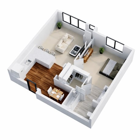 Modern one-bedroom apartment rendering