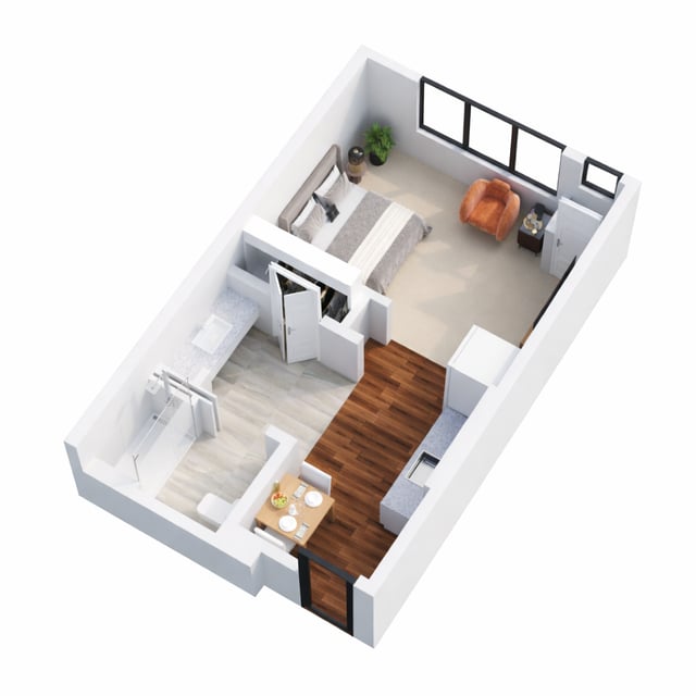 Modern studio apartment with cozy details